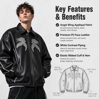Veste vintage streetwear effet cuir, luxe 400 GSM, coupe courte zippée avec broderie ailes d'ange et ligne blanche
