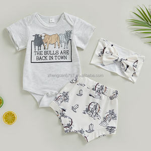 Conjunto de pantalones cortos gráficos infantiles de verano, traje de mameluco con lazo y manga corta, estilo <span class=keywords><strong>vaquero</strong></span> occidental para bebés, 3 uds. - Product Image 5