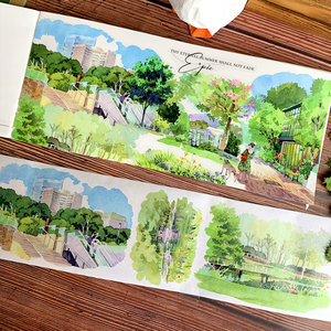 1 rollo <span class=keywords><strong>de</strong></span> cinta <span class=keywords><strong>de</strong></span> cuaderno <span class=keywords><strong>de</strong></span> diseño <span class=keywords><strong>de</strong></span> paisaje, casas <span class=keywords><strong>de</strong></span> paisaje, árboles, nubes, palabras, edificios, montañas y ríos - Product Image 1