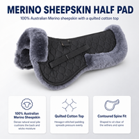 Tapis de selle demi-selle anglais en peau de mouton mérinos australienne 100% avec sangle centrale et rouleau de pommeau à coutures hexagonales – Équipement équestre