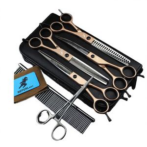 Ensemble de 3 ciseaux de toilettage pour animaux de compagnie en acier inoxydable, écologiques, couleur or champagne, à dents denses - Product Image 4