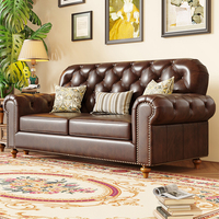 Amerikanischer Retro Landhausstil Massivholz Leder Polstermöbel Set mit 123er-Kombination Chesterfield Sofa Wohnzimmer Schwammfüllung