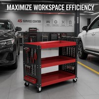 Chariot d'atelier à 3 niveaux avec panneaux perforés latéraux doubles, chariot de service mobile pour l'organisation des outils en garage partagé