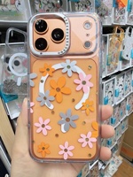Coque de téléphone magnétique rigide transparente GS plaquée or, ornée de cristaux et motifs floraux peints, pour iPhone 18 Pro Max 17 Pro Max