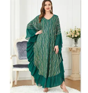 Women's Loose Long Abaya Dress Muslim V-Neck Batwing Sleeve Green Muslim Dress Dubai Abaya Turkey Muslim Robe Mubarak Kaftan