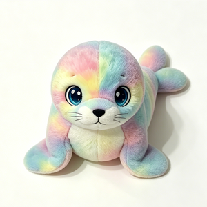 Peluche phoque multicolore dégradé pastel, adorable phoque assis en peluche avec ailerons arc-en-ciel et ventre blanc crème pour filles - Product Image 5