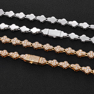 Collier chaîne tennis en laiton plaqué or 18 carats avec trèfle et fleur sertis de zircone cubique, bijoux hip-hop pour hommes et femmes - Product Image 1