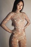 Combinaison scintillante à manches longues avec gants, en spandex orné de strass, pour femmes, coupe ajustée, idéale pour les soirées et la danse