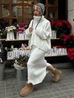 Ensemble 2 pièces décontracté et chaud pour femme Blubelle – Pull tricoté à col roulé et jupe longue unie pour l'automne et l'hiver