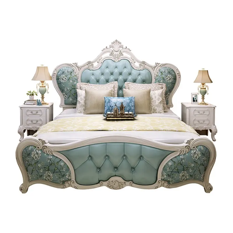 Cadre en bois massif Antique Royal européen de luxe sculpture ensemble de meubles de chambre à coucher lit de mariage en cuir