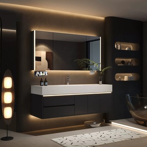 Modern <b>Wall</b>-Mounted Bathroom Cabinet with Integrated Hot-Bent Stone Slab Sink Smart Lighting and <b>Mirror</b> - Product Image 3