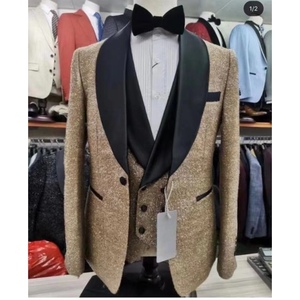 Dernier design personnalisé classique brillant Golde avec costumes de mariage noirs pour hommes Costume Slim Fit Groom Meilleur Tuxedos de fête Blazer 3 pièces - Product Image 1
