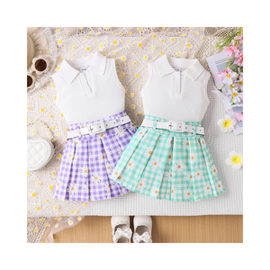 Conjunto de Ropa de Verano para Niñas de 12 Meses a 5 Años, Top sin Mangas con Solapa y Falda Plisada Estampada, 3 Piezas, Ropa Diaria para Niñas - Product Image 1