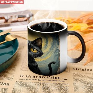 Frosted Black 11oz <b>Ceramic</b> Mug Heat Activated Coffee <b>Cup</b> With Cat Art Design - Product Image 5