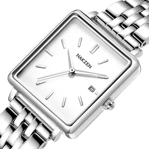 Relógio de luxo feminino nakzen, relógio de quartzo quadrado impermeável de aço inoxidável de pulso