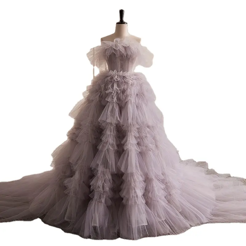 최신 신부 공주 가운 도매 부드러운 얇은 명주 그물 패브릭 케이크 레이어 요정 웨딩 드레스