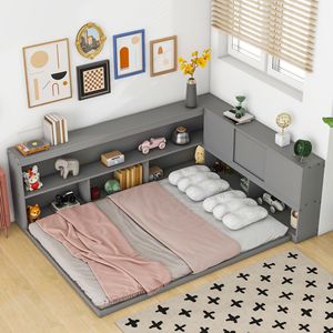 Lit convertible moderne en bois gris écologique HR, taille double, <span class=keywords><strong>avec</strong></span> étagères de <span class=keywords><strong>rangement</strong></span>, lit <span class=keywords><strong>gigogne</strong></span> multifonctionnel, bureau d'étude pour enfants - Product Image 1