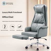 Chaise de bureau ergonomique multifonctionnelle en cuir PU à dossier haut inclinable, avec cadre en bois, base à cinq branches, accoudoirs, pieds en acier et appui-tête