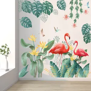 İskandinav ins Flamingo duvar Sticker Flamingo yeşil bitkiler çıkartmaları oturma odası dekoratif duvar kağıdı