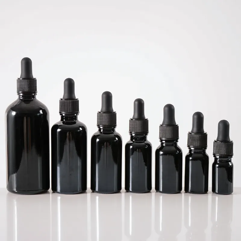 5ml 10ml 15ml 30ml 50ml 60ml 100ml 1oz 2oz 4oz flacon en verre d'huile essentielle compte-gouttes noir pour emballage cosmétique de soins de la peau du corps