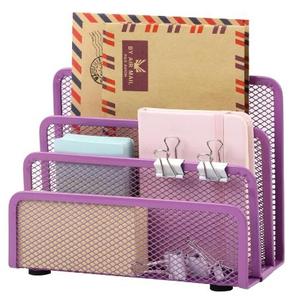 Desk Mail <b>Organizer</b> <b>File</b> Holder Letter Sorter with 3 Vertical Upright Metal Mesh Paper <b>Organizer</b> for Home Office Desktop Purple - Product Image 3