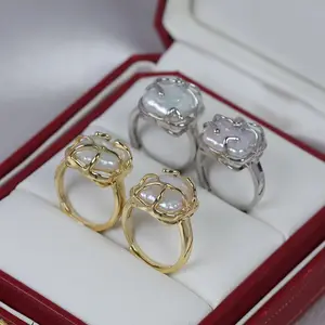 Fashion desain baru tidak teratur persegi Barok air tawar alami cincin mutiara dapat disesuaikan perhiasan tembaga grosir