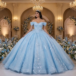 Lsdz023-Pz Precioso Vestido de Quinceañera Azul Cielo Vintage con Mangas Mariposa y Brillo de Gasa para Fiesta - Product Image 1