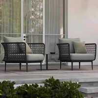 Canapé simple en corde tressée de style nordique pour l'extérieur, avec structure en aluminium, coussin imperméable, fauteuil, table d'appoint, ensemble de jardin pour villa et hôtel
