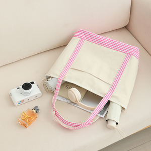 Sac en toile à carreaux blanc crème, sac fourre-tout léger et durable pour femme avec poche extérieure et doublure intérieure lisse - Product Image 5