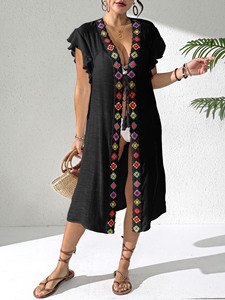 Wholesale Women's <strong>Bikini</strong> Cover up Crochet Lace <strong>Trim</strong> Ruffle Sleeve Tie Front Beach Cardigan Kimono - Product Image 5