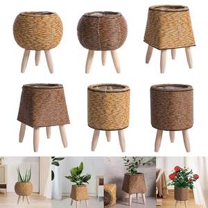 حامل أرضيات للزرع من الخيزران، وعاء نباتات سلة منسوج مع أرجل، وعاء زهور للشقق، غرفة رسم كروية بنية فاتحة - Product Image 5