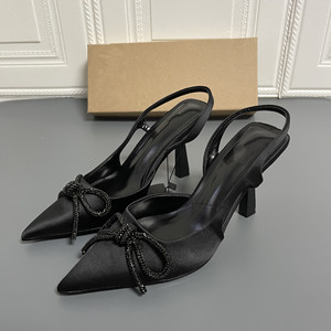 Sandalias de tacón fino con lazo, estilo nupcial, punta en pico, color negro, para mujer, 8 cm, ligeras, para primavera/verano, directo de fábrica - Product Image 3