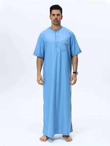 <b>Men's</b> Light Blue Cotton <b>Thobe</b> Round Neck Short Sleeve Floor Length Modest Prayer Wear Middle Eastern Traditional Robe - Product Image 1