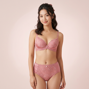 Ensemble de lingerie douce pour femme, motif muguet rose, soutien-gorge en dentelle rose et culotte taille haute avec bordure de perles, cadeau mignon pour le quotidien - Product Image 3