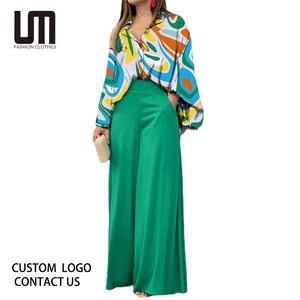 Abbigliamento da donna elegante Liu Ming blusa stampata in 2 pezzi pantaloni larghi a pieghe con bottone Casual <span class=keywords><strong>alla</strong></span> <span class=keywords><strong>caviglia</strong></span> - Product Image 1