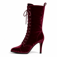 Bottes mi-mollet en velours bordeaux à lacets pour femmes, talons aiguilles hauts, chaussures de mode pour boutiques et détaillants