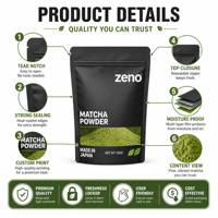 Sachet de Matcha Noir Mat Personnalisé Imprimé 100g 250g 500g Haute Barrière Zip Lock Doypack Thé Vert en Poudre Vente en Gros