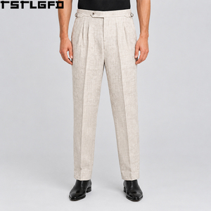 Pantalon en lin coupé-cousu pour homme, style Old Money, beige, taille haute, plissé italien, ajustement latéral, coupe fuselée, luxe discret, vente en gros - Product Image 5