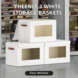 Set of 3 Modern Rectangular Wardrobe Storage <b>Bins</b> with Lid Dual Handles Clear Window Clothes Organizer Boxes for <b>Bedroom</b> Home - Product Image 2