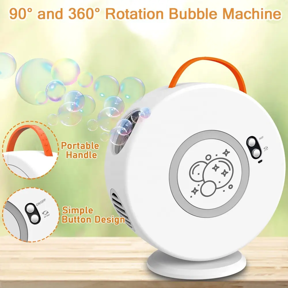 Nuovo arrivo elettrico bubble maker bambini portatile bubble machine ricaricabile automatico bubble blower giocattolo con rotazione di 90/360 gradi