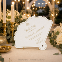 Carte de bienvenue de mariage personnalisée en forme d'éventail avec dorure à chaud, papier absorbant, impression numérique, faible MOQ, carte de bienvenue sur pied