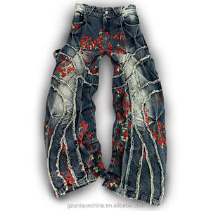 Unique New Trendy Denim Pant Colorful Flower Pattern Patchwork <strong>Women</strong> Jeans Denim Pants <strong>Trousers</strong> - Product Image 1