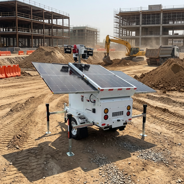 All-in-One Three-Panel Portable with Support Solar Light Tower with Camera for Construction Site Lighting and Surveillance