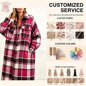 Manteau chemise longue à carreaux personnalisé pour femme grande taille, col rabattu, boutonnage frontal, poches plaquées, coupe ample décontractée - Product Image 1