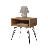 Table de chevet en bois avec étagère de rangement ouverte, pieds en métal, design mi-siècle, mobilier de chambre en aggloméré et métal