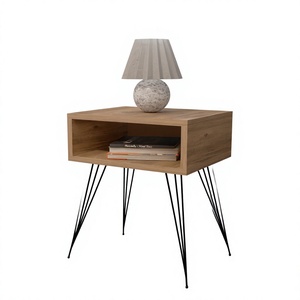 Wood Nightstand With Open Storage <b>Shelf</b> Metal Legs Midcentury Design Bedroom Furniture Chipboard Metal Bedroom Furniture - Product Image 1