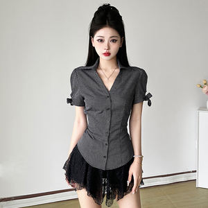 Camisa de Oficina Estilo Francés con Botones, Cintura Ajustada, Manga Abullonada, Blusa de Manga Corta con Lazo, Elegante y Chic para Mujer - Product Image 1