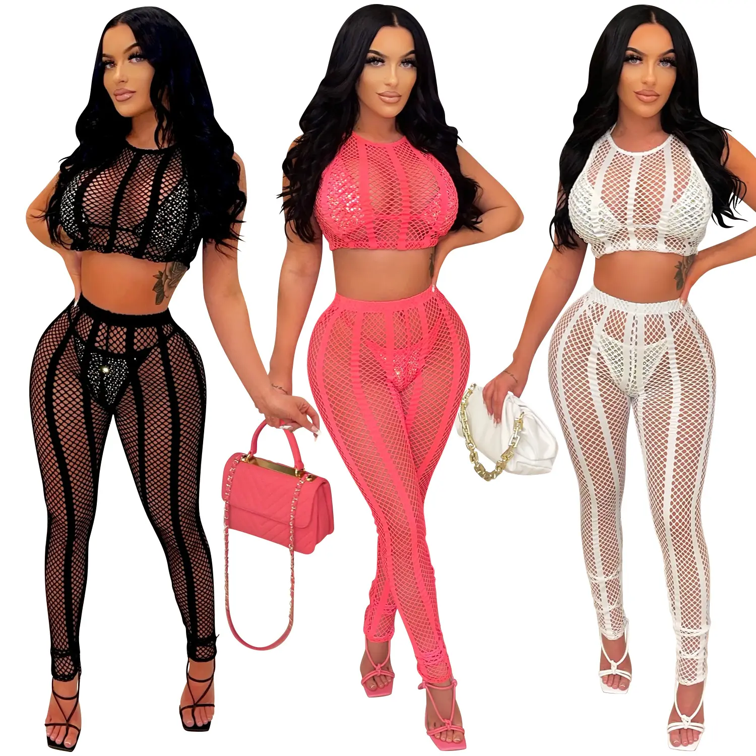 FS6861A Hot Sexy Fishnet Perspective Midnight Party Clothing Women's 4 Piece Sets Matching Outfits