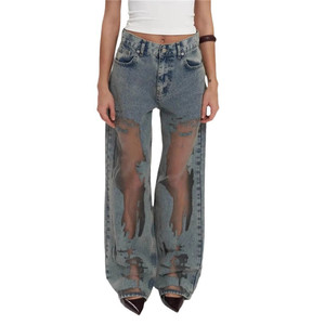 2025 primavera Y2k <span class=keywords><strong>Pantalones</strong></span> rectos Retro textura calada gradiente Jeans <span class=keywords><strong>pantalones</strong></span> sueltos de pierna ancha - Product Image 1