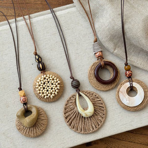 Harajuku Style Young Girls Necklace Jewelry Summer Vacation Bohemian Brown Round Rattan Woven Wooden Beads Necklaces for Women - Product Image 1